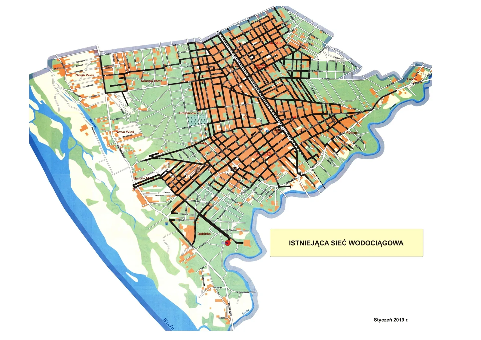 Mapa sieci wodociągowej Józefowa — istniejące przewody na planie miasta