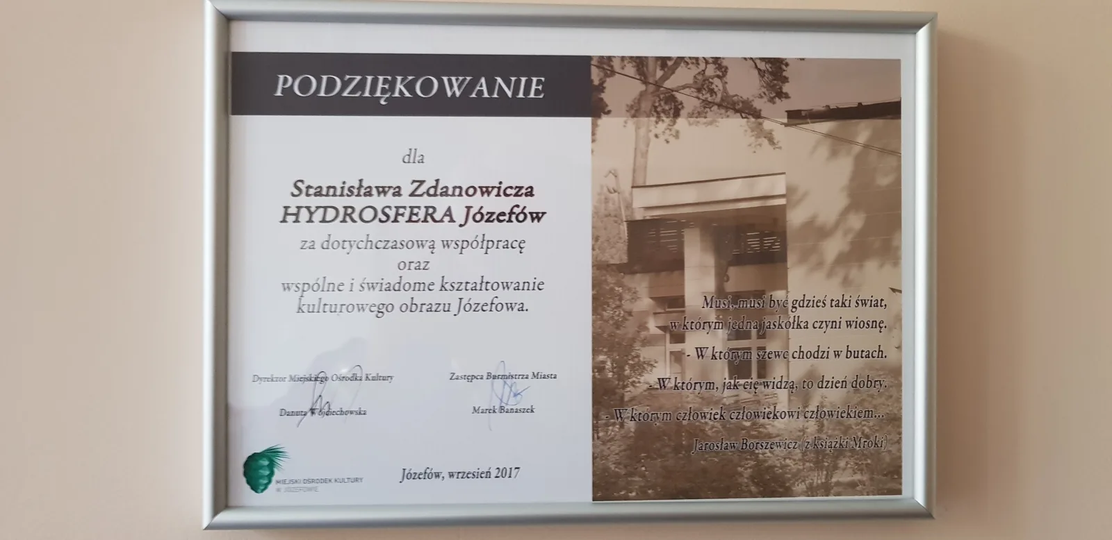 Oprawiony dyplom: Podziękowanie dla Stanisława Zdanowicza, Hydrosfera Józefów, od Miejskiego Ośrodka Kultury w Józefowie, wrzesień 2017